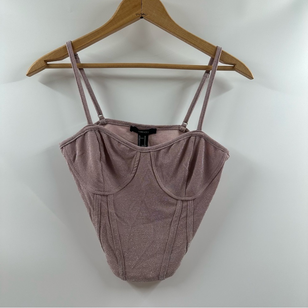 Forever 21 Light Mauve Glittery Cropped Tank Top – Spaghetti Straps, Size Medium - Picture 1 of 5